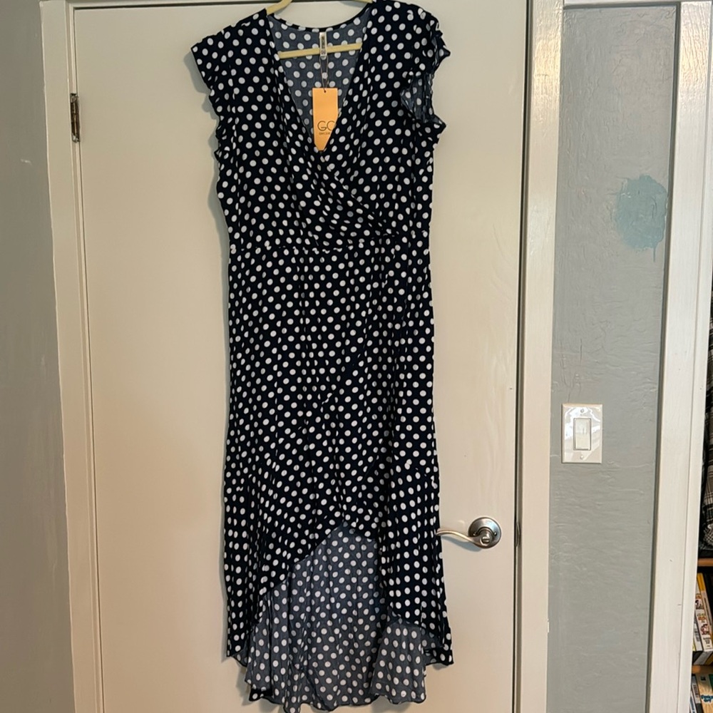 Navy blue and white polka dress.